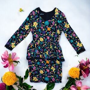 80s Carole Little Floral Print Midi Dress, Vintage, Black & Multicolored, Size 6